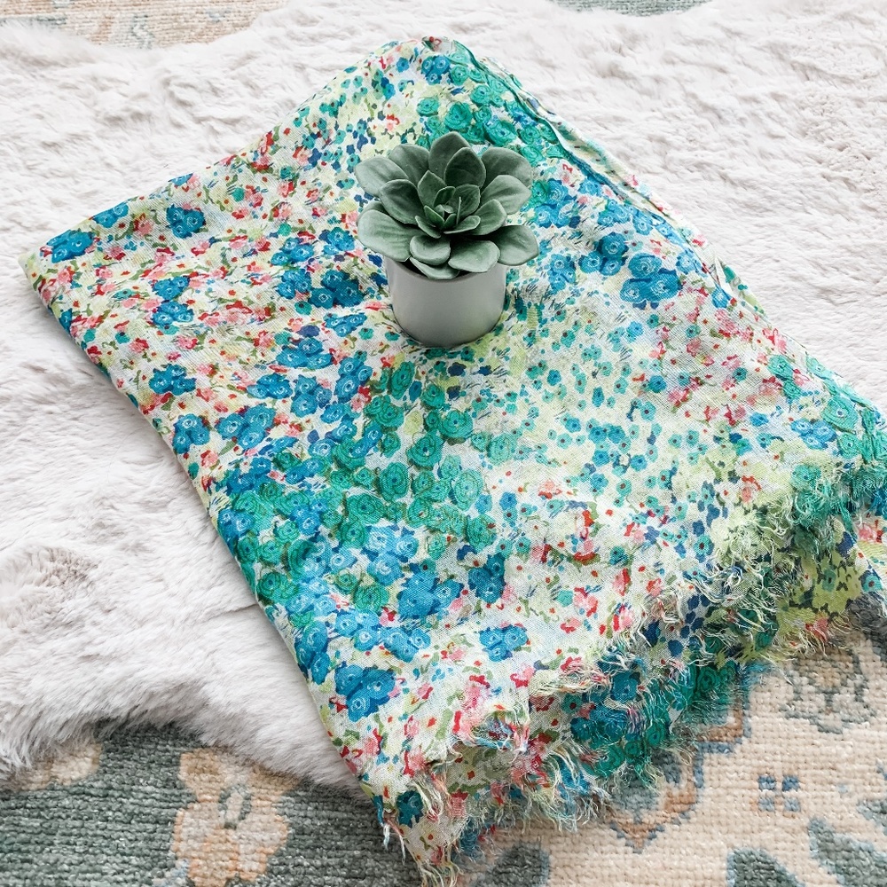 Blue & Pink Floral Oblong Lightweight Scarf